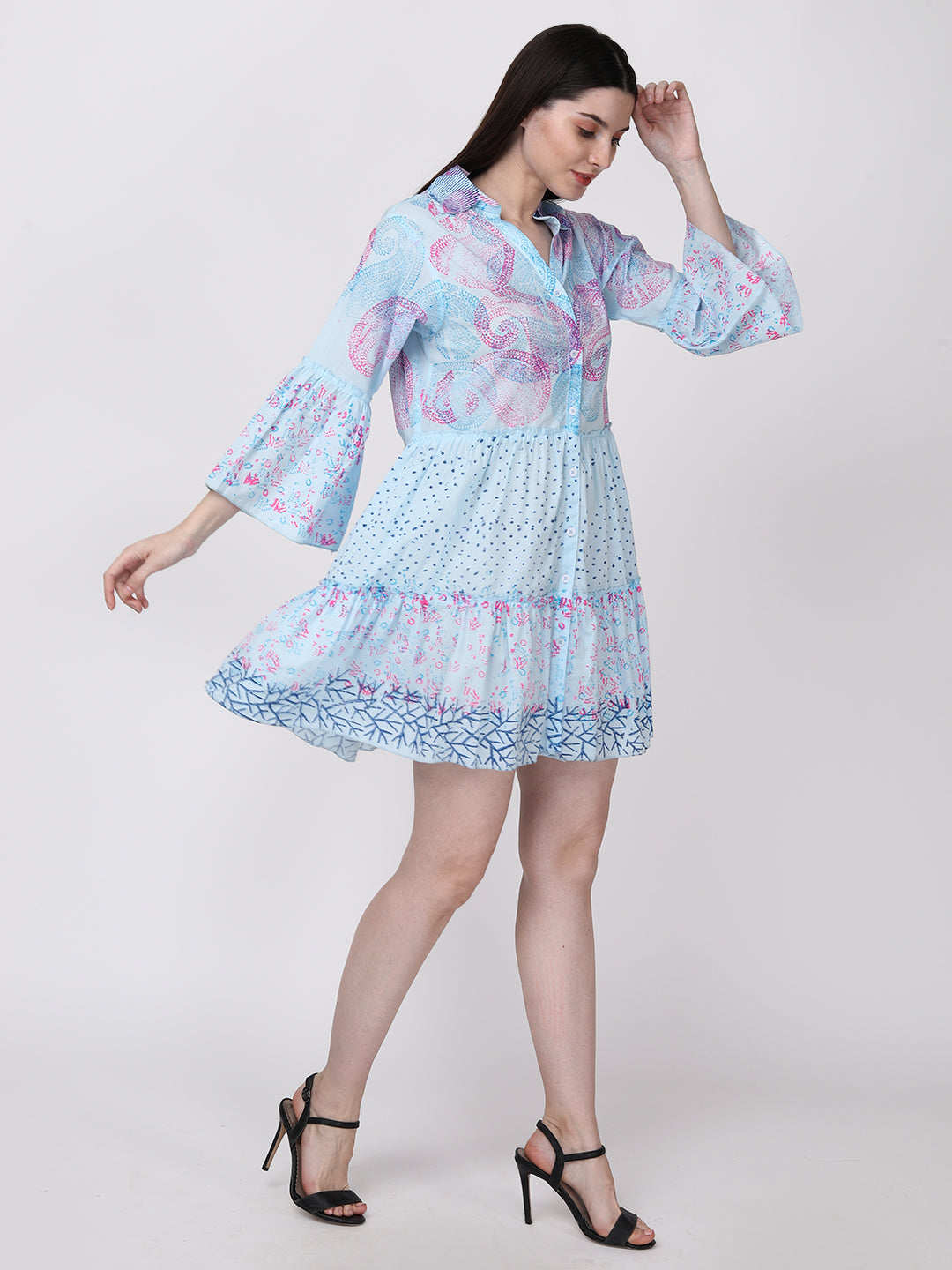 Ethnic Motif Printed Bell Sleeves Tiered Shirt Dress