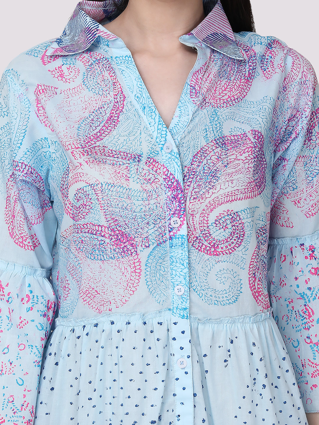 Ethnic Motif Printed Bell Sleeves Tiered Shirt Dress