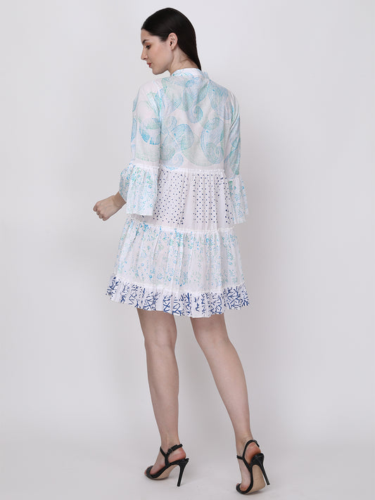 Ethnic Motif Printed Bell Sleeves Tiered Shirt Dress