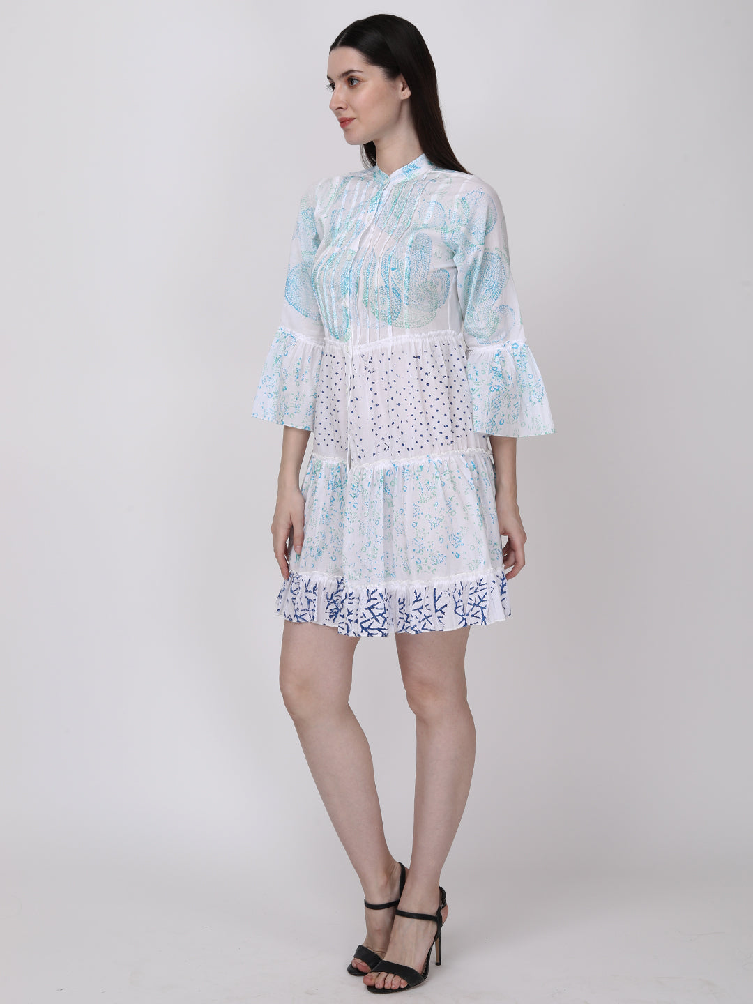 Ethnic Motif Printed Bell Sleeves Tiered Shirt Dress