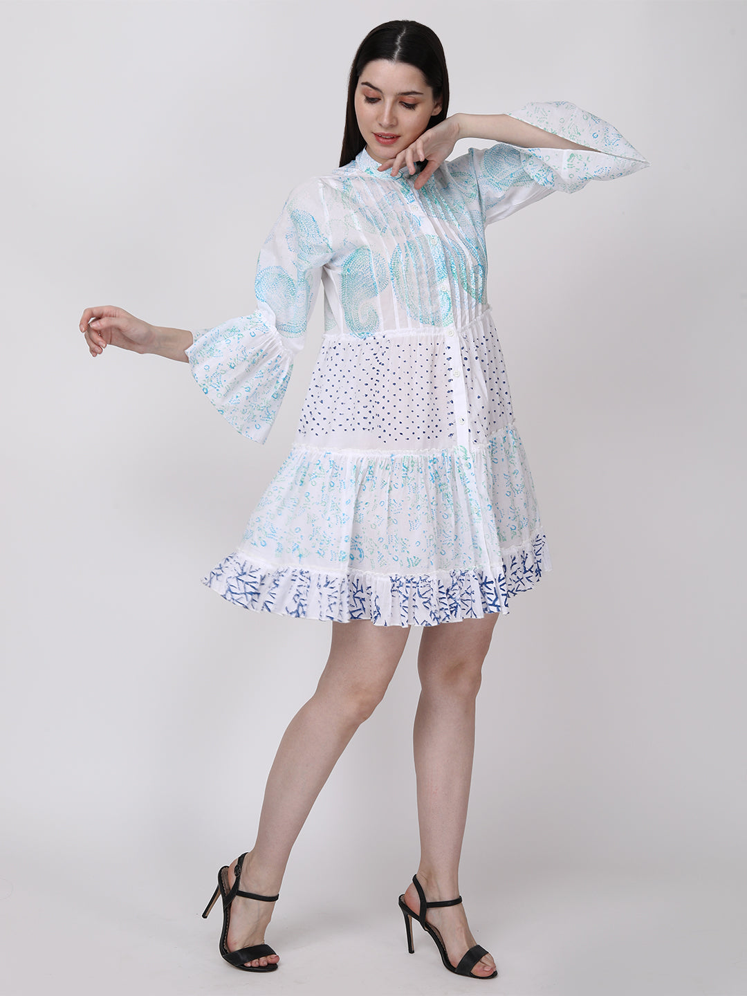 Ethnic Motif Printed Bell Sleeves Tiered Shirt Dress