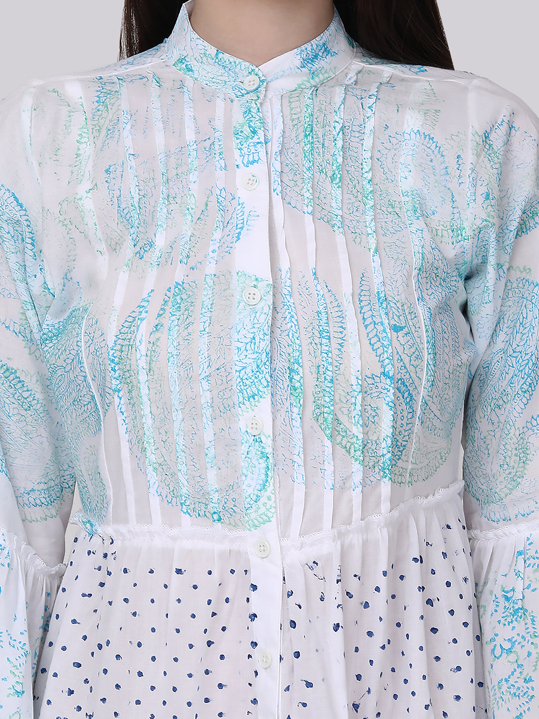Ethnic Motif Printed Bell Sleeves Tiered Shirt Dress