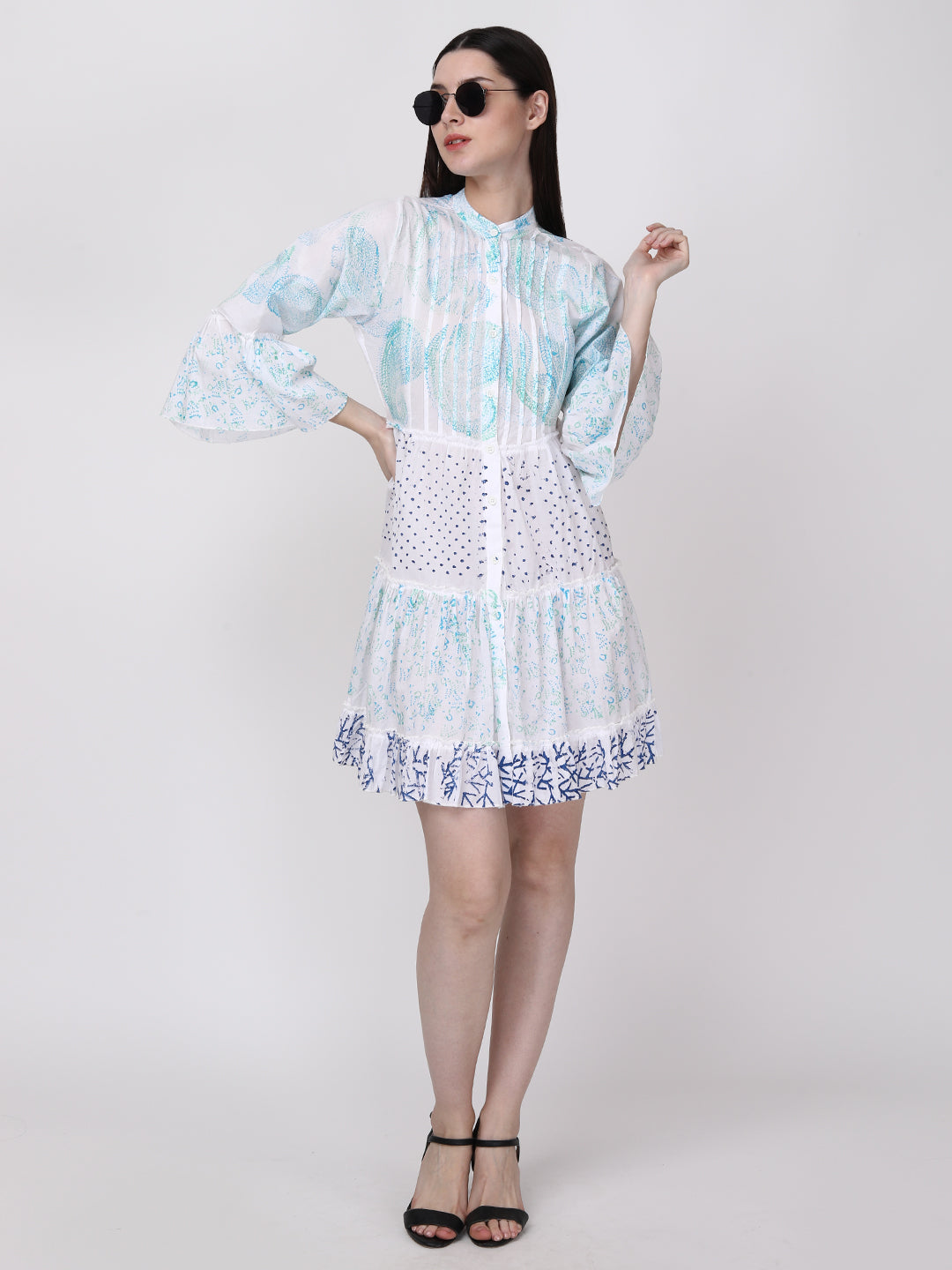 Ethnic Motif Printed Bell Sleeves Tiered Shirt Dress