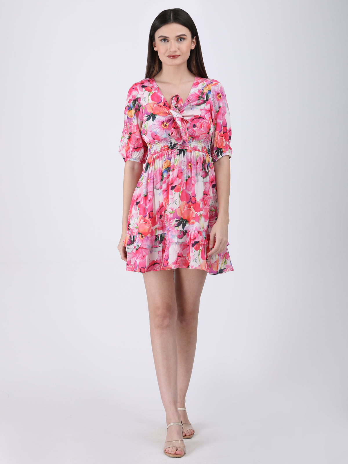 Blossom Breeze Satin Tie-Neck Dress