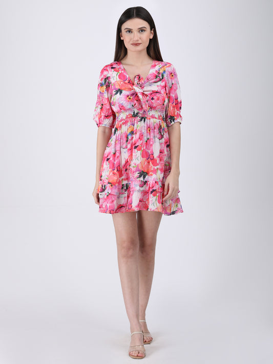 Blossom Breeze Satin Tie-Neck Dress