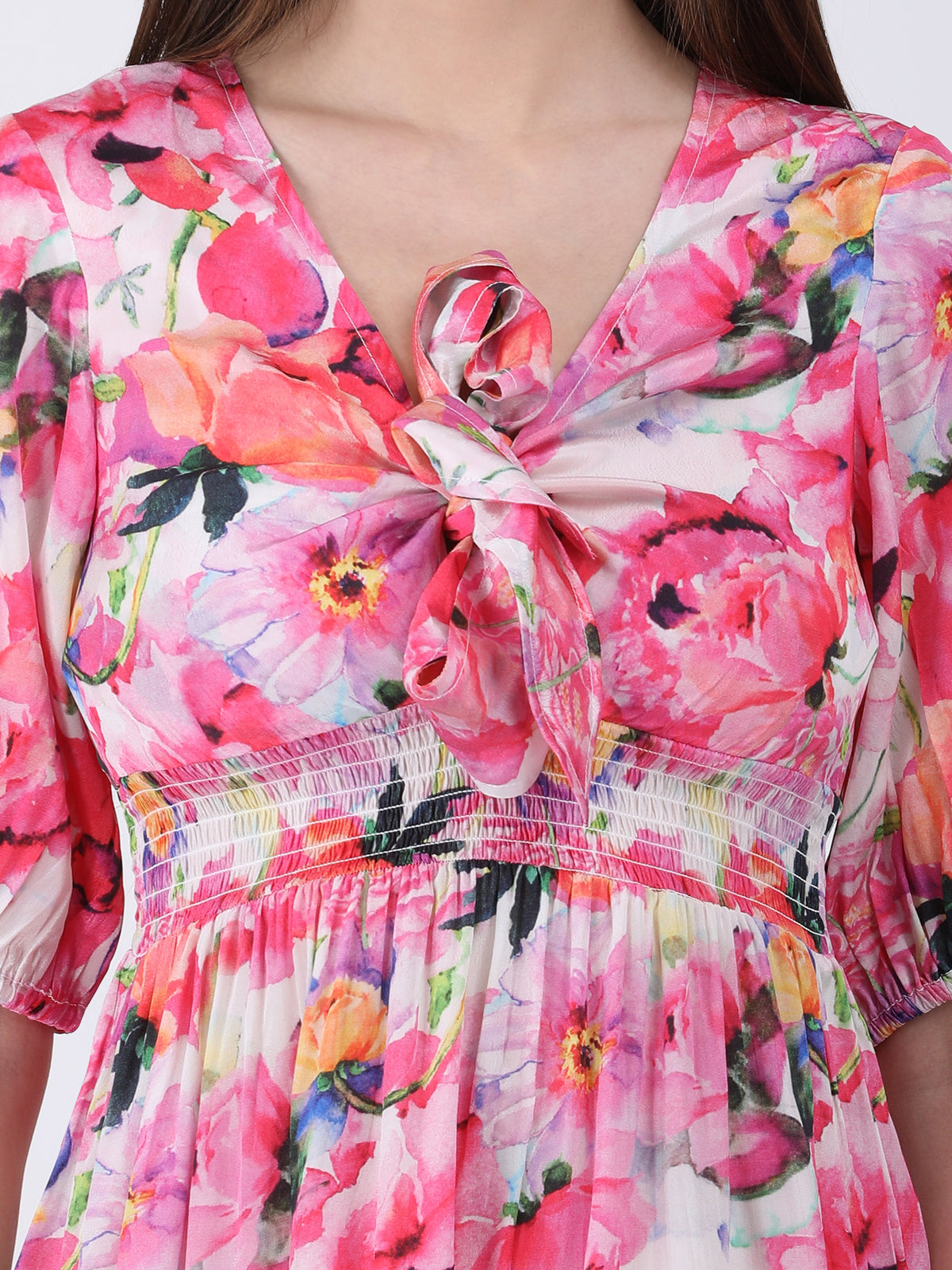 Blossom Breeze Satin Tie-Neck Dress