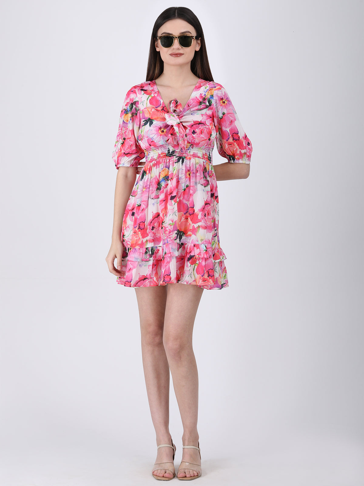 Blossom Breeze Satin Tie-Neck Dress