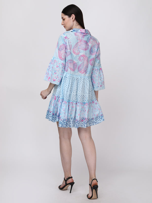 Ethnic Motif Printed Bell Sleeves Tiered Shirt Dress