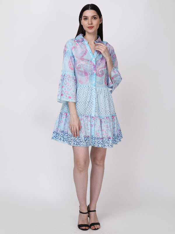 Ethnic Motif Printed Bell Sleeves Tiered Shirt Dress