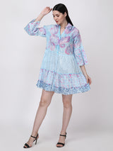 Ethnic Motif Printed Bell Sleeves Tiered Shirt Dress