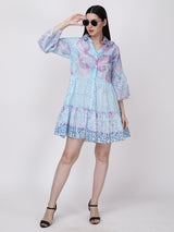 Ethnic Motif Printed Bell Sleeves Tiered Shirt Dress