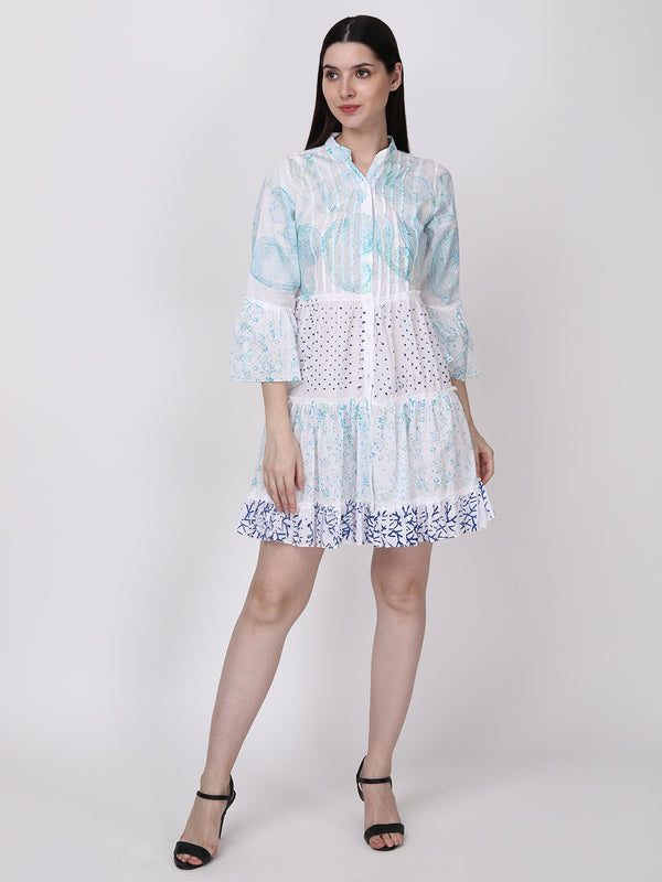 Ethnic Motif Printed Bell Sleeves Tiered Shirt Dress